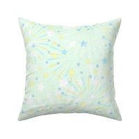 Fireworks. Festive pattern with yellow, blue, white stars on a light green background.