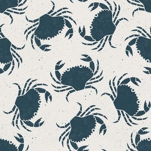 Medium  Crabs Indigo Blue on Cream Lino Block Print