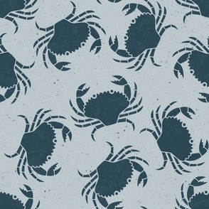 Medium  Crabs Indigo Blue on Light Blue Lino Block Print