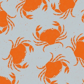 Large Crabs Orange on Light Blue Lino Block Print