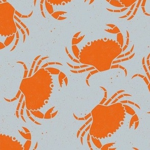 Medium  Crabs Orange on Light Blue Lino Block Print