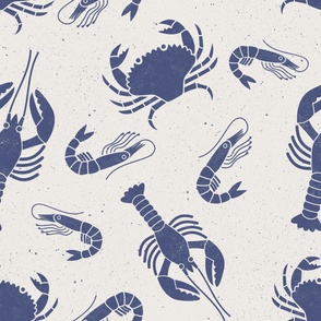 Large Crustaceans Indigo Blue on Cream Lino Block Print