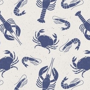 Small Crustaceans Indigo Blue on Cream Lino Block Print