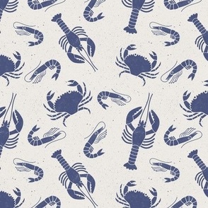 Small Crustaceans Indigo Blue on Cream Lino Block Print