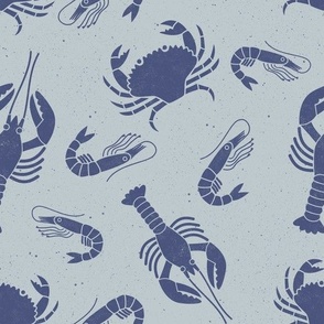 Medium  Crustaceans Blue on Light Blue Lino Block Print