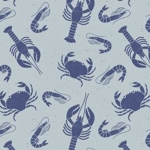 Small  Crustaceans Blue on Light Blue Lino Block Print