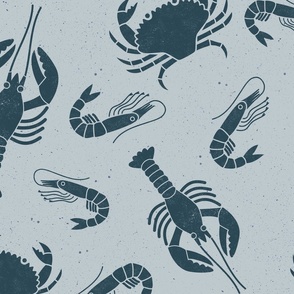 Large Crustaceans  Indigo Blue on Light Blue Lino Block Print