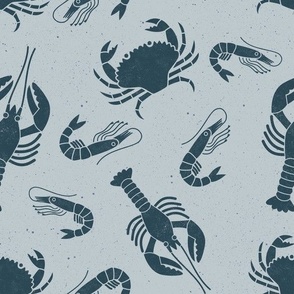 Medium  Crustaceans  Indigo Blue on Light Blue Lino Block Print