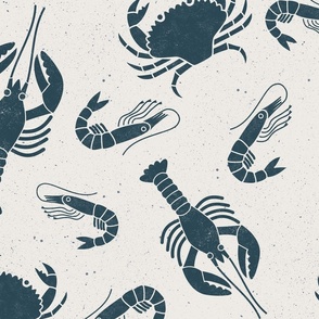 Large Crustaceans  Indigo Blue on  Cream Lino Block Print