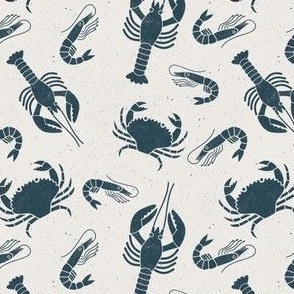 Small  Crustaceans  Indigo Blue on  Cream Lino Block Print