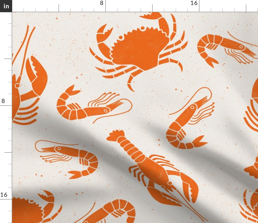 Large Crustacean Orange  on  Cream Lino Block Print