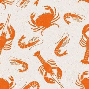 Medium  Crustacean Orange  on  Cream Lino Block Print