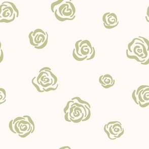 Low Volume Hand Drawn Soft Green Roses on an Off White Background Small Scale