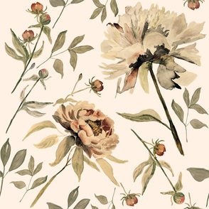 Large Vintage Flowers / Warm Cream / Beige / Watercolor Wallpaper