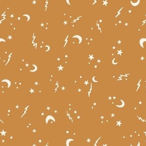 Halloween night – mystique and wonder design with lightning, moons and stars in caramel yellow - medium scale