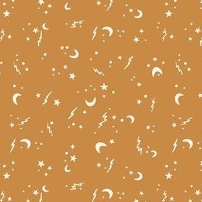 Halloween night – mystique and wonder design with lightning, moons and stars in caramel yellow - small scale