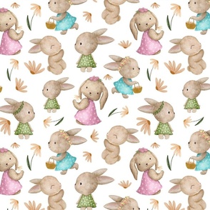 Watercolor Cute Baby Bunnies in Hoppy Garden - White Background - Small Scale