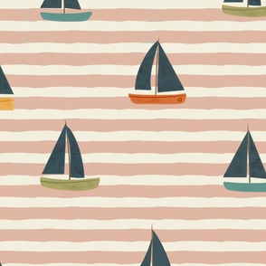Summer Vacation - Large minimalist sail boats over a salmon pink horizontal stripes background - baby girl boy retro coastal wallpaper