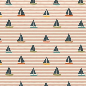 Summer Vacation - Medium minimalist sail boats over a salmon pink horizontal stripes background - ocean coastal decor