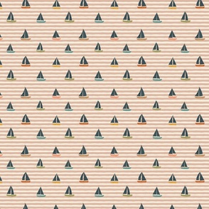 Summer Vacation - small colorful minimalist sail boats over salmon pink horizontal stripes background - nursery decor