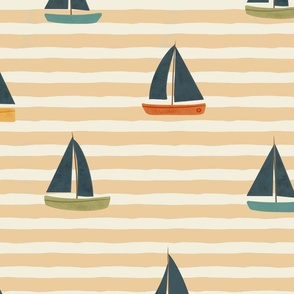 Summer Vacation - Large minimalist sail boats over a yellow sand horizontal stripes background - baby girl boy retro coastal wallpaper