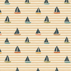 Summer Vacation - Medium minimalist sail boats over a yellow sand horizontal stripes background - ocean coastal decor
