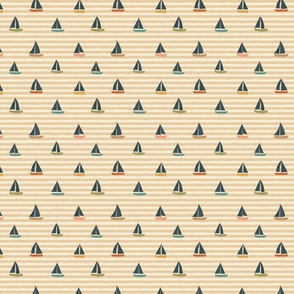 Summer Vacation - small colorful minimalist sail boats over yellow sand horizontal stripes background - nursery decor