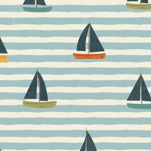 Summer Vacation - Large colorful minimalist sail boats over a serenity blue horizontal stripes background - baby boy girl retro coastal wallpaper