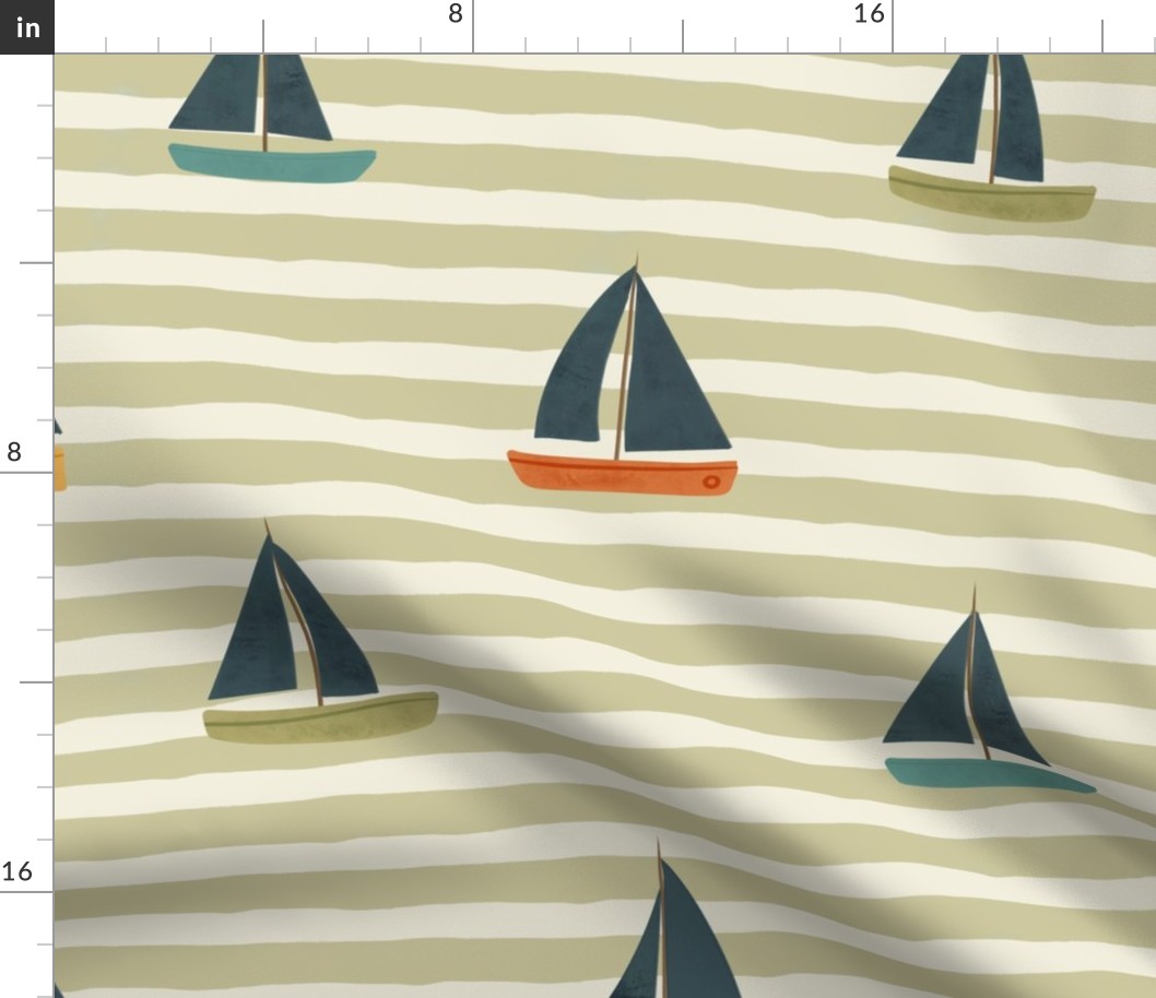 Summer Vacation - Large colorful minimalist sail boats over green artichoke horizontal stripes background -  baby boy girl retro coastal wallpaper