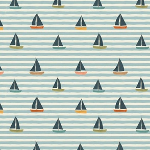 Summer Vacation - Medium minimalist sail boats over a serenity blue horizontal stripes background - ocean coastal decor