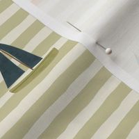 Summer Vacation - medium colorful minimalist sail boats over green artichoke horizontal stripes background - baby boy decor