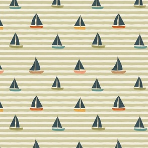Summer Vacation - medium colorful minimalist sail boats over green artichoke horizontal stripes background - baby boy decor