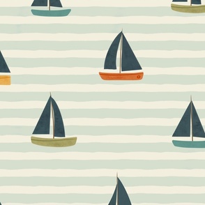 Summer Vacation - minimalist retro sail boats mint L