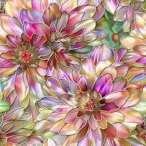 Stained Glass Bright Pink Purple Iridescent Dahlias Flowers