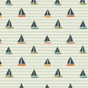 Summer Vacation - medium colorful minimalist sail boats over a serenity blue horizontal stripes background - baby boy decor 