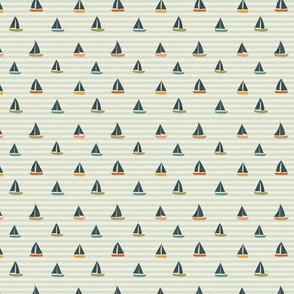 Summer Vacation - small colorful minimalist sail boats over green mint horizontal stripes background - baby boy decor