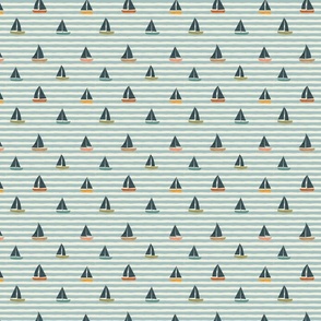 Summer Vacation - small colorful minimalist sail boats over a serenity blue horizontal stripes background - baby boy decor 