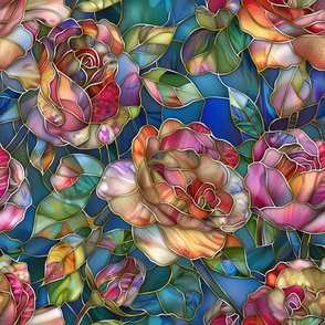 Stained Glass Joyful Roses in Pink Orange and Red Flowers