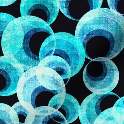 12” repeat Retro frozen bubbles on deepest blue black with turquoise and white with faux burlap woven texture