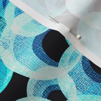 12” repeat Retro frozen bubbles on deepest blue black with turquoise and white with faux burlap woven texture