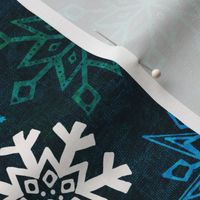 12” repeat Hand drawn frozen snowflakes on textures background with woven texture overly white, green, blue on deepest blue