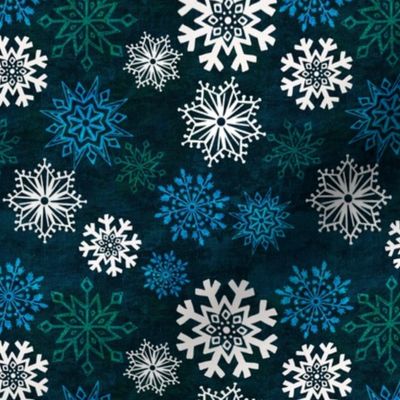 6” repeat Hand drawn frozen snowflakes on textures background with woven texture overly white, green, blue on deepest blue