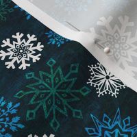 6” repeat Hand drawn frozen snowflakes on textures background with woven texture overly white, green, blue on deepest blue