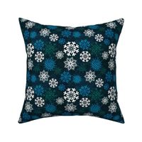 6” repeat Hand drawn frozen snowflakes on textures background with woven texture overly white, green, blue on deepest blue