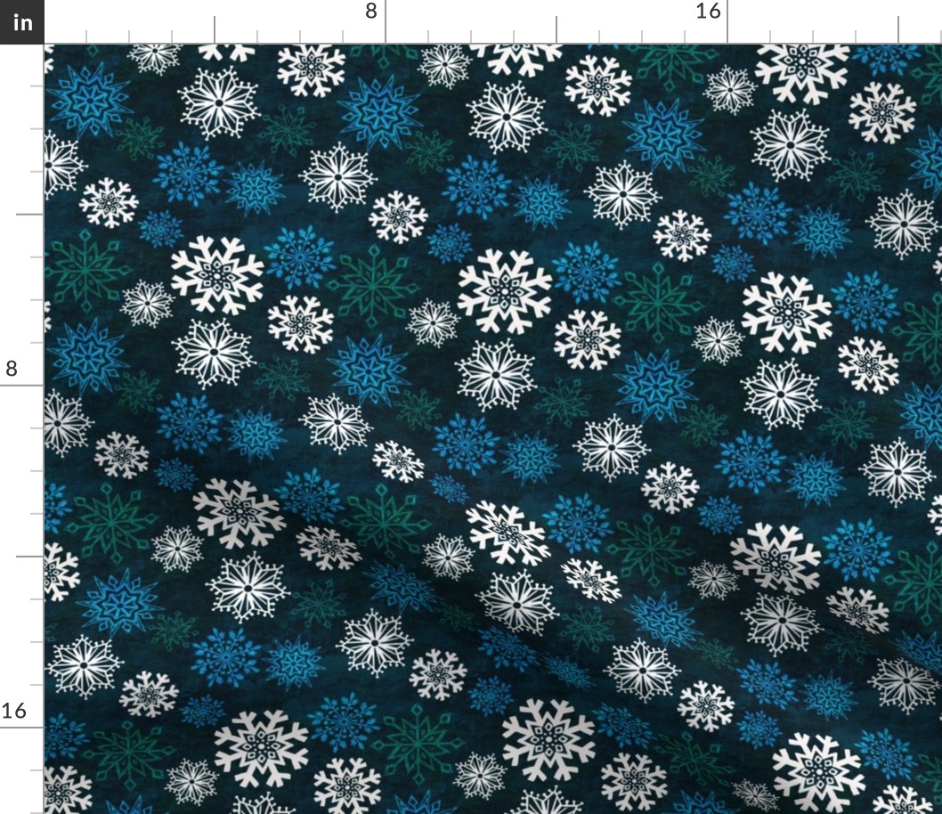 6” repeat Hand drawn frozen snowflakes on textures background with woven texture overly white, green, blue on deepest blue