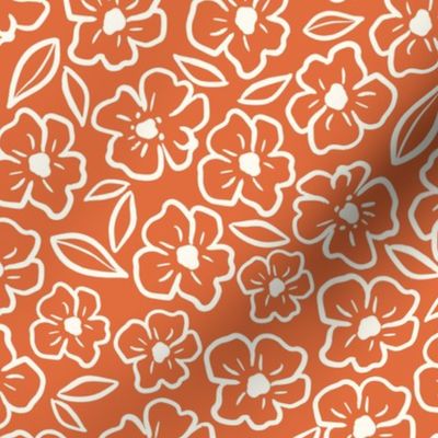 Simple Cream Line Art Ditsy Flowers Tossed on Orange