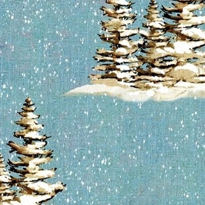 12” repeat hand drawn fir trees with snow on faux woven texture,  snow scene on dusky blue background