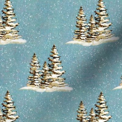 6” repeat hand drawn fir trees with snow on faux woven texture,  snow scene on dusky blue background