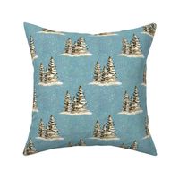 6” repeat hand drawn fir trees with snow on faux woven texture,  snow scene on dusky blue background