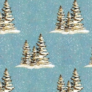 6” repeat hand drawn fir trees with snow on faux woven texture,  snow scene on dusky blue background